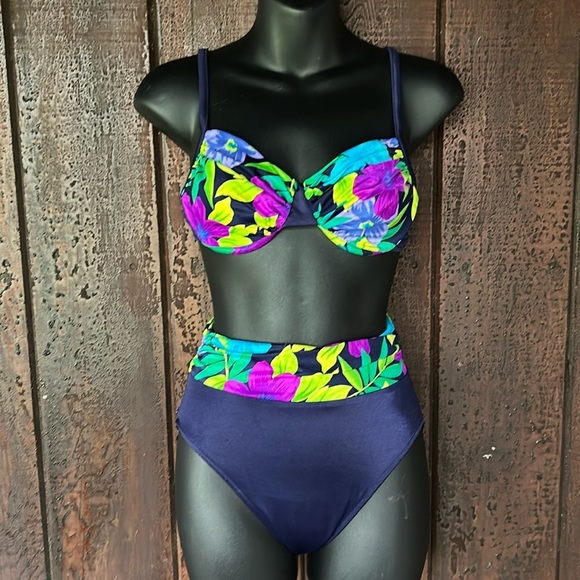 Vintage Other - Vintage 90s Bikini Swim Tropical Print High Waist Bottoms Underwire Top NWOT